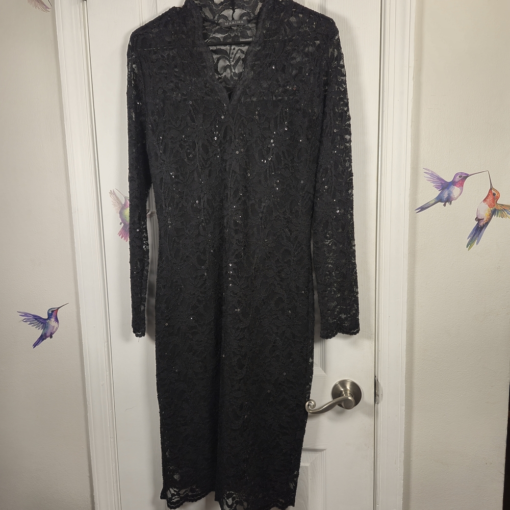MARINA Black Sequin Lace Long Sleeve Mini Dress Size 12 Cocktail Evening LBD - Picture 3 of 9